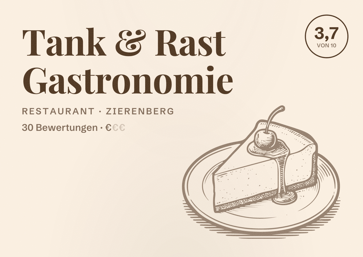 Illustriertes Poster von Tank & Rast Gastronomie, Restaurant in Zierenberg: Bewertung 3,7 von 10 aus 30 Bewertungen, Preisniveau €