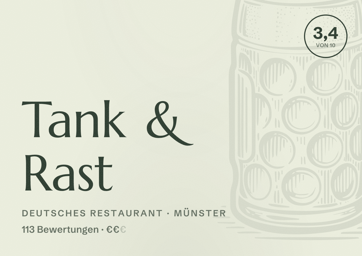 Illustriertes Poster von Tank & Rast, Deutsches Restaurant in Münster: Bewertung 3,4 von 10 aus 113 Bewertungen, Preisniveau €€