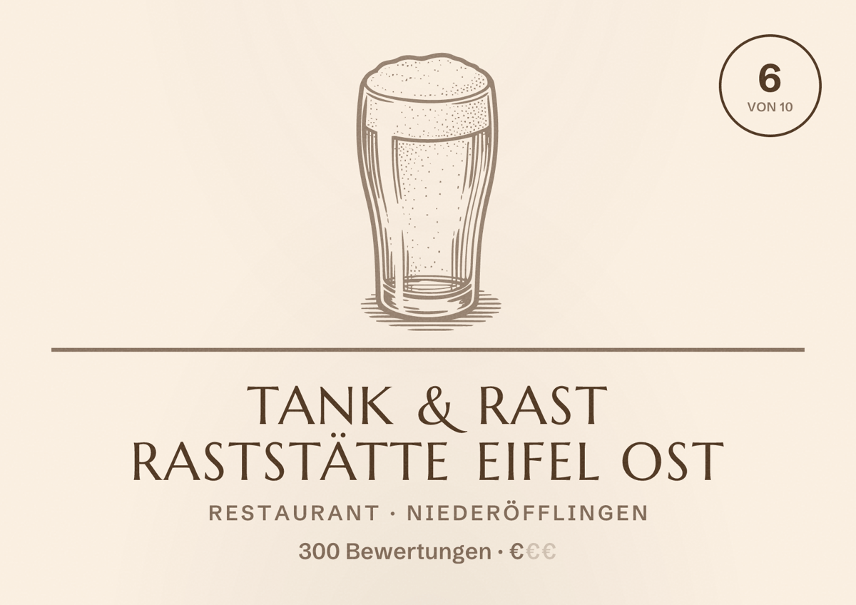 Illustriertes Poster von Tank & Rast Raststätte Eifel Ost, Restaurant in Niederöfflingen: Bewertung 6 von 10 aus 300 Bewertungen, Preisniveau €