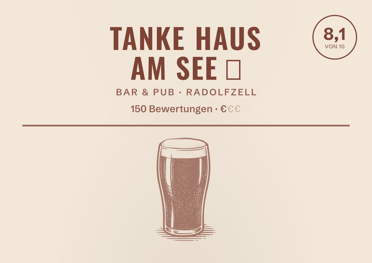 Illustriertes Poster von Tanke Haus am See 🍹, Bar & Pub in Radolfzell: Bewertung 8,1 von 10 aus 150 Bewertungen, Preisniveau €