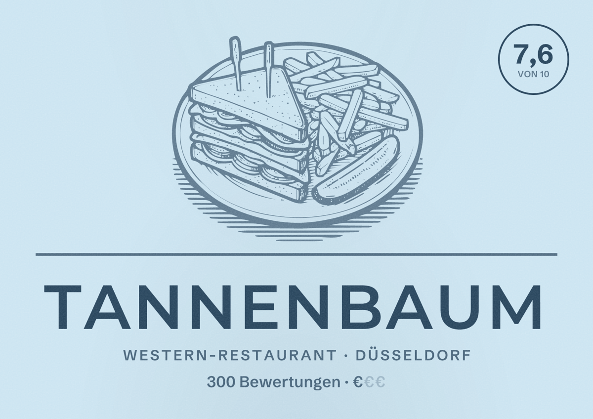 Illustriertes Poster von Tannenbaum, Western-Restaurant in Düsseldorf: Bewertung 7,6 von 10 aus 300 Bewertungen, Preisniveau €