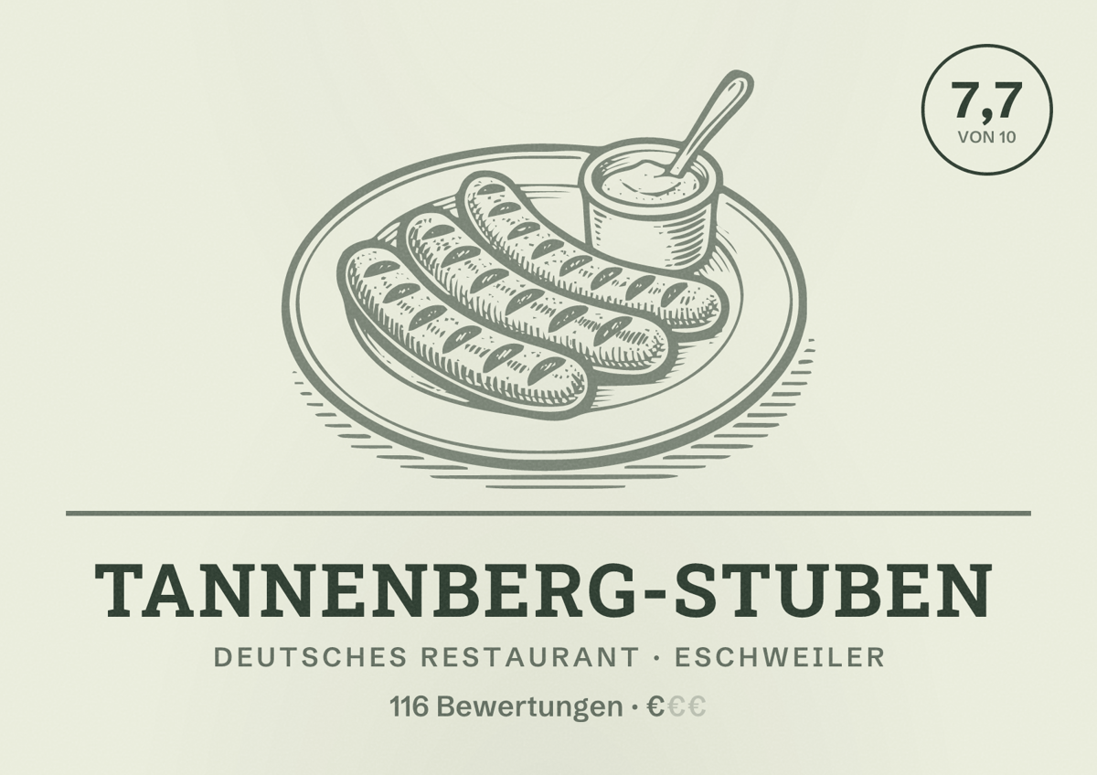 Illustriertes Poster von Tannenberg-Stuben, Deutsches Restaurant in Eschweiler: Bewertung 7,7 von 10 aus 116 Bewertungen, Preisniveau €