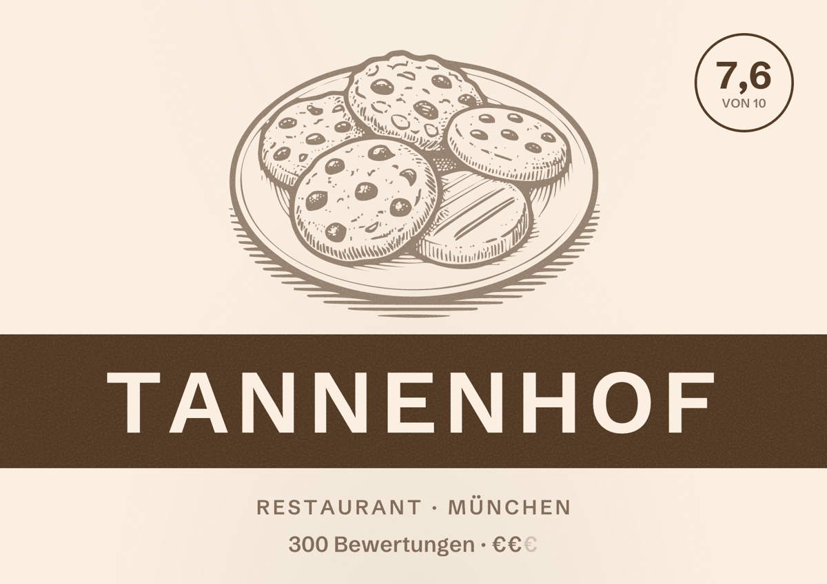 Illustriertes Poster von Tannenhof, Restaurant in München: Bewertung 7,6 von 10 aus 300 Bewertungen, Preisniveau €€
