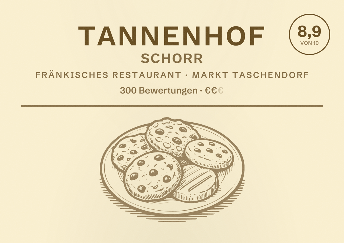 Illustriertes Poster von Tannenhof Schorr, Fränkisches Restaurant in Markt Taschendorf: Bewertung 8,9 von 10 aus 300 Bewertungen, Preisniveau €€