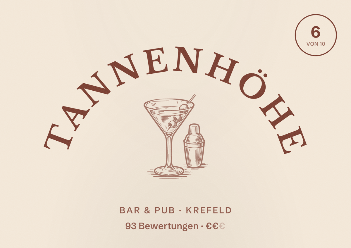 Illustriertes Poster von Tannenhöhe, Bar & Pub in Krefeld: Bewertung 6 von 10 aus 93 Bewertungen, Preisniveau €€
