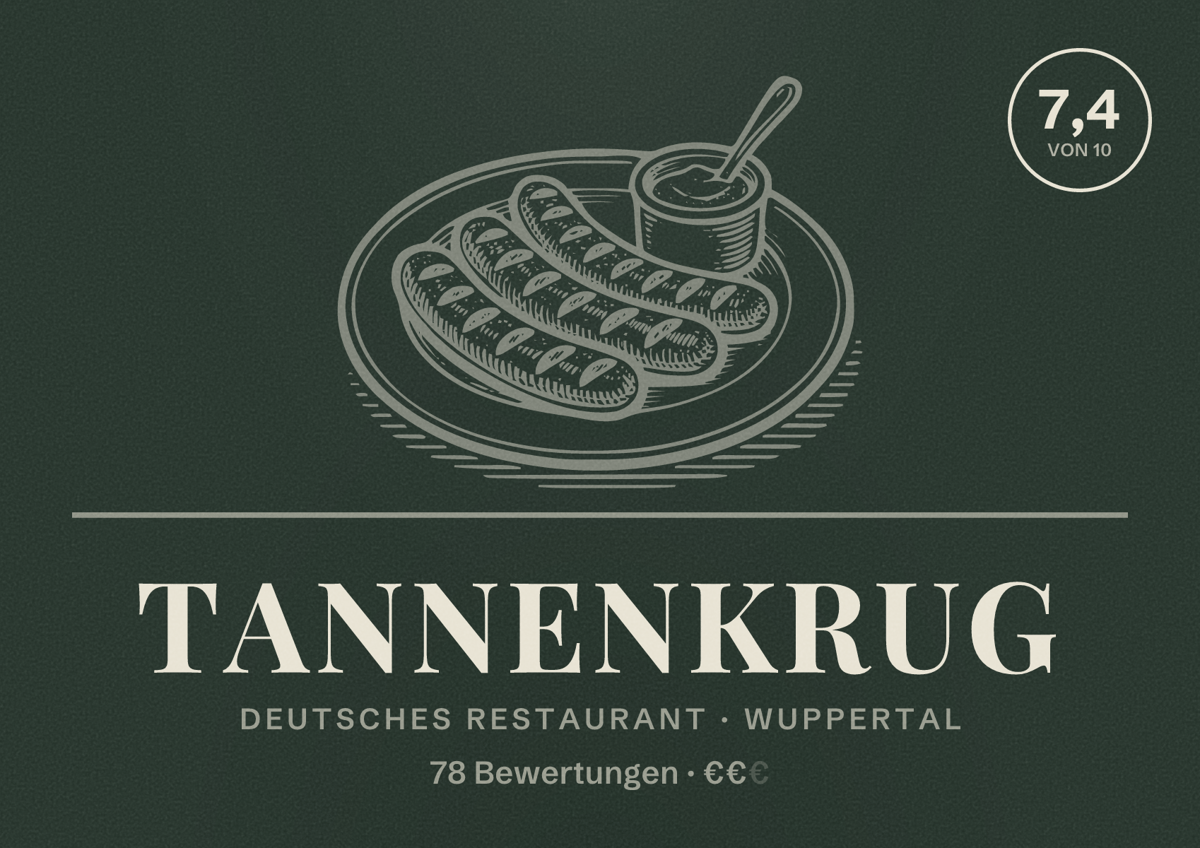Illustriertes Poster von Tannenkrug, Deutsches Restaurant in Wuppertal: Bewertung 7,4 von 10 aus 78 Bewertungen, Preisniveau €€