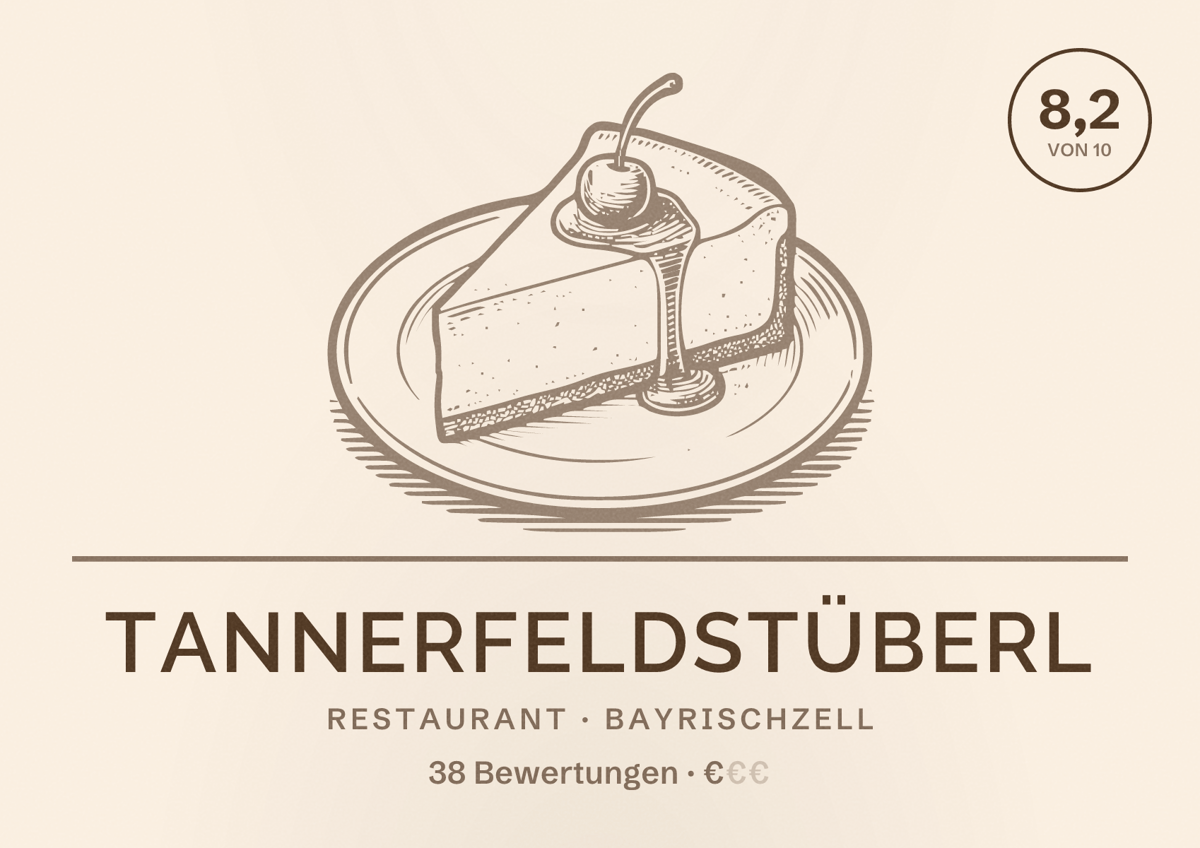 Illustriertes Poster von Tannerfeldstüberl, Restaurant in Bayrischzell: Bewertung 8,2 von 10 aus 38 Bewertungen, Preisniveau €