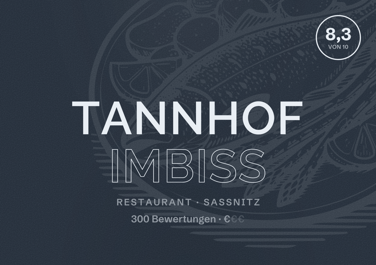 Illustriertes Poster von Tannhof Imbiss, Restaurant in Sassnitz: Bewertung 8,3 von 10 aus 300 Bewertungen, Preisniveau €