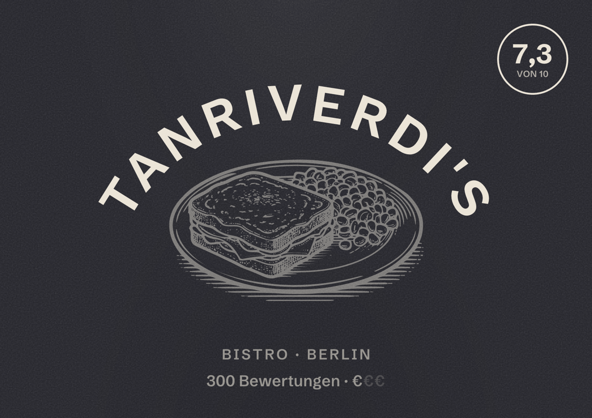 Illustriertes Poster von Tanriverdi's, Bistro in Berlin: Bewertung 7,3 von 10 aus 300 Bewertungen, Preisniveau €