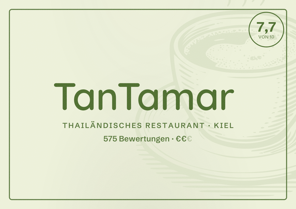 Illustriertes Poster von TanTamar, Thailändisches Restaurant in Kiel: Bewertung 7,7 von 10 aus 575 Bewertungen, Preisniveau €€