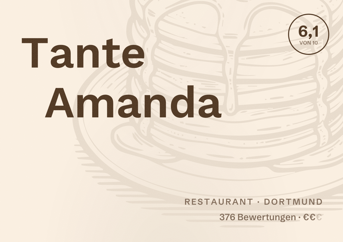 Illustriertes Poster von Tante Amanda, Restaurant in Dortmund: Bewertung 6,1 von 10 aus 376 Bewertungen, Preisniveau €€