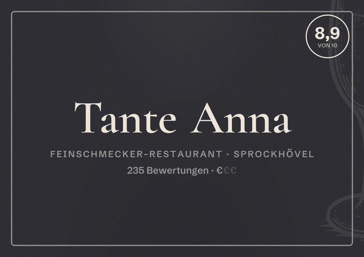 Illustriertes Poster von Tante Anna, Feinschmecker-Restaurant in Sprockhövel: Bewertung 8,9 von 10 aus 235 Bewertungen, Preisniveau €