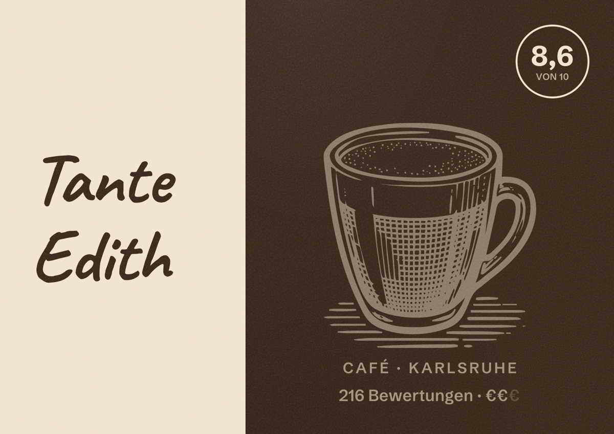 Illustriertes Poster von Tante Edith, Café in Karlsruhe: Bewertung 8,6 von 10 aus 216 Bewertungen, Preisniveau €€