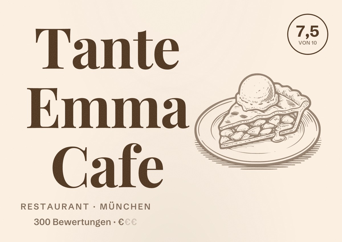 Illustriertes Poster von Tante Emma Cafe, Restaurant in München: Bewertung 7,5 von 10 aus 300 Bewertungen, Preisniveau €
