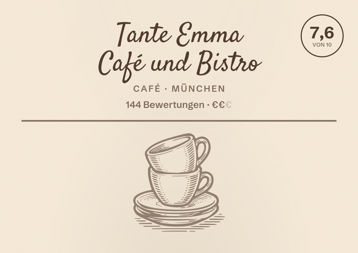 Illustriertes Poster von Tante Emma Café und Bistro, Café in München: Bewertung 7,6 von 10 aus 144 Bewertungen, Preisniveau €€