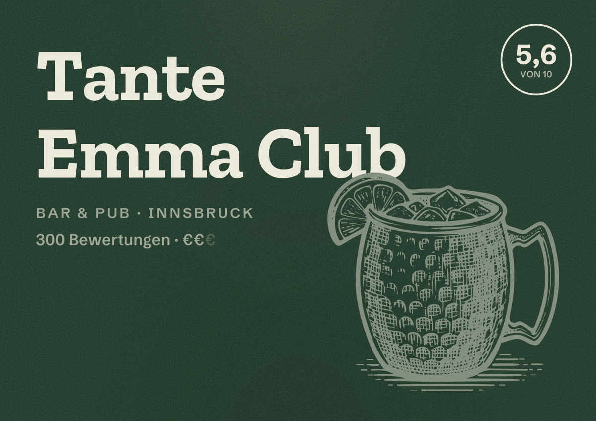 Illustriertes Poster von Tante Emma Club, Bar & Pub in Innsbruck: Bewertung 5,6 von 10 aus 300 Bewertungen, Preisniveau €€