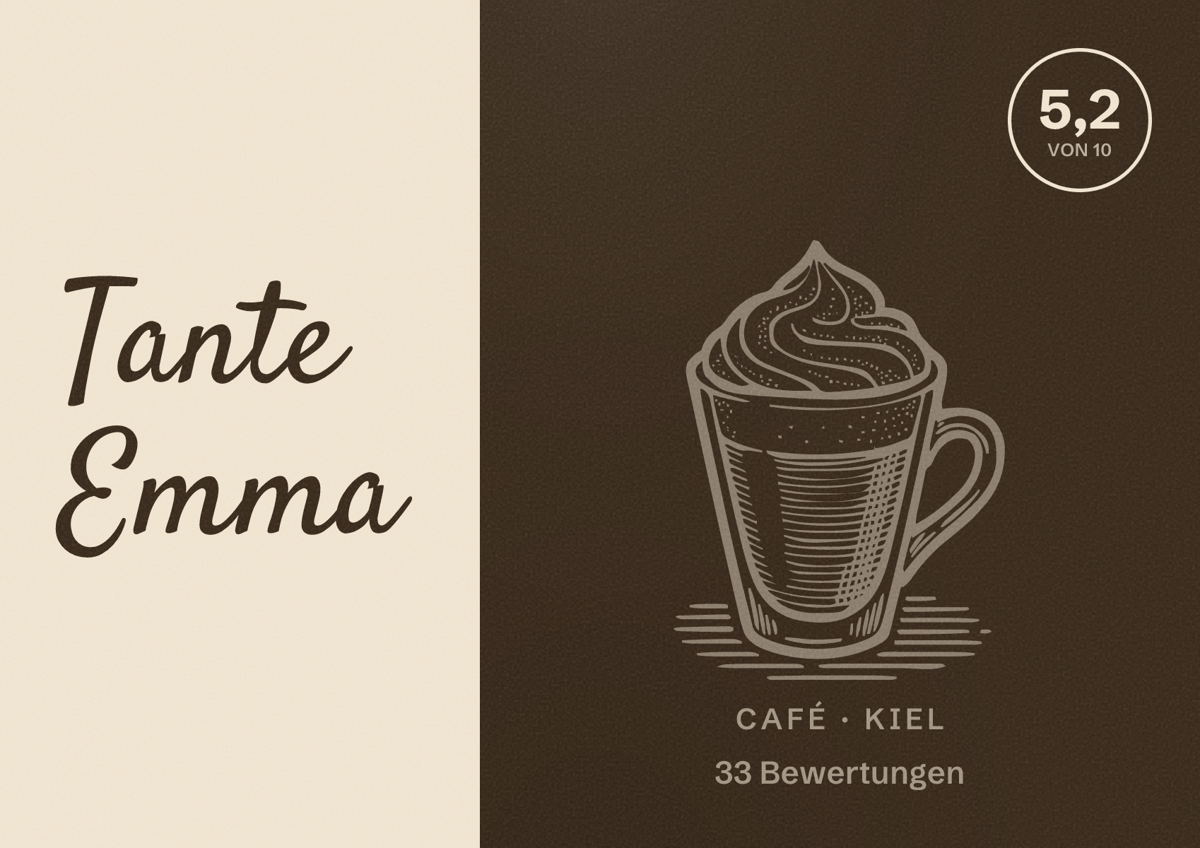 Illustriertes Poster von Tante Emma, Café in Kiel: Bewertung 5,2 von 10 aus 33 Bewertungen