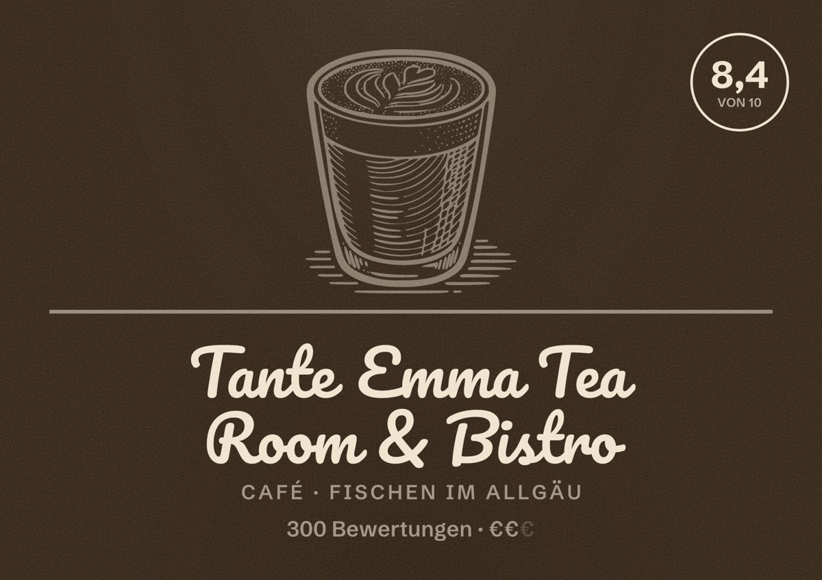 Illustriertes Poster von Tante Emma Tea Room & Bistro, Café in Fischen im Allgäu: Bewertung 8,4 von 10 aus 300 Bewertungen, Preisniveau €€