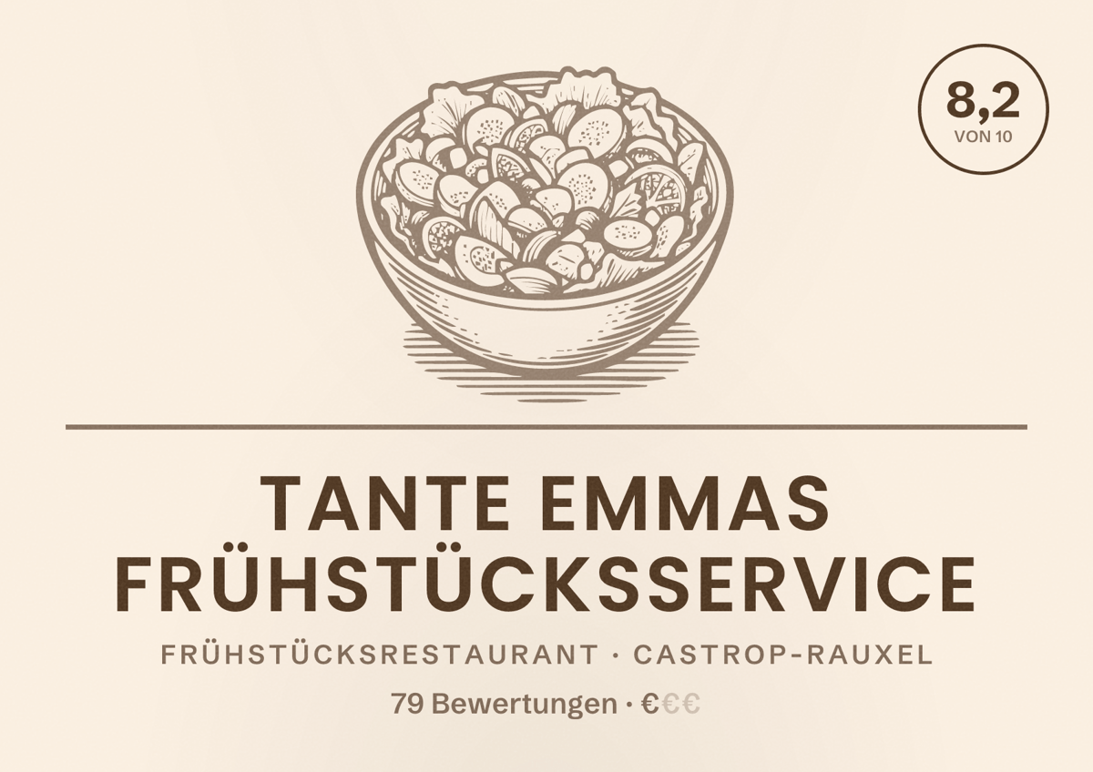 Illustriertes Poster von Tante Emmas Frühstücksservice, Frühstücksrestaurant in Castrop-Rauxel: Bewertung 8,2 von 10 aus 79 Bewertungen, Preisniveau €