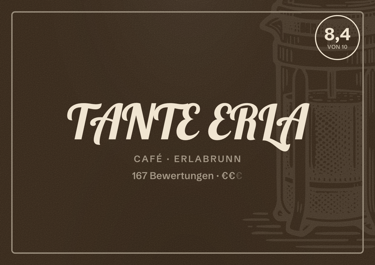 Illustriertes Poster von TANTE ERLA, Café in Erlabrunn: Bewertung 8,4 von 10 aus 167 Bewertungen, Preisniveau €€