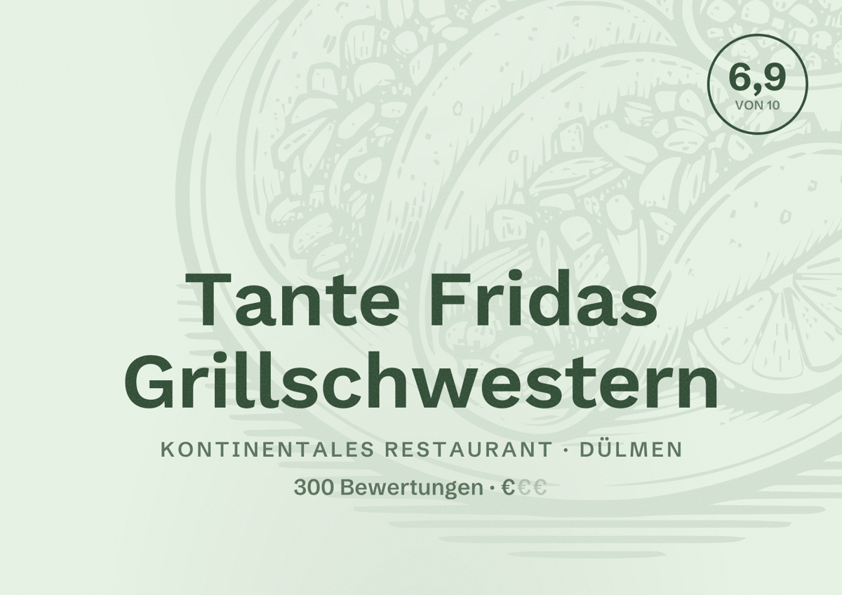 Illustriertes Poster von Tante Fridas Grillschwestern, Kontinentales Restaurant in Dülmen: Bewertung 6,9 von 10 aus 300 Bewertungen, Preisniveau €