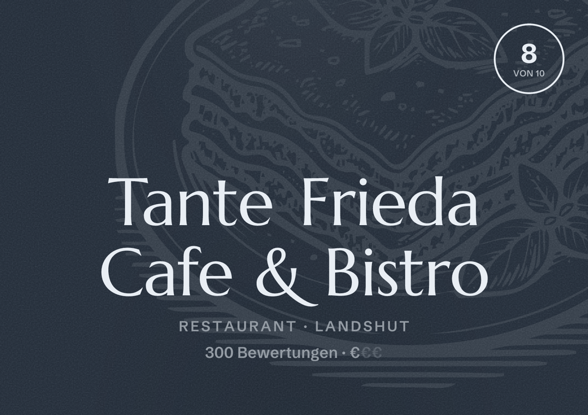 Illustriertes Poster von Tante Frieda Cafe & Bistro, Restaurant in Landshut: Bewertung 8 von 10 aus 300 Bewertungen, Preisniveau €