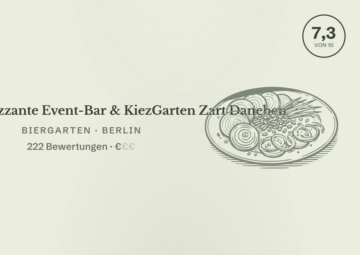 Illustriertes Poster von Tante Frizzante Event-Bar & KiezGarten Zart Daneben, Biergarten in Berlin: Bewertung 7,3 von 10 aus 222 Bewertungen, Preisniveau €