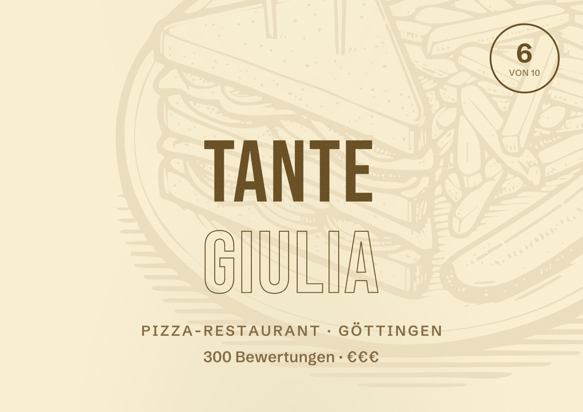 Illustriertes Poster von Tante Giulia, Pizza-Restaurant in Göttingen: Bewertung 6 von 10 aus 300 Bewertungen, Preisniveau €€€
