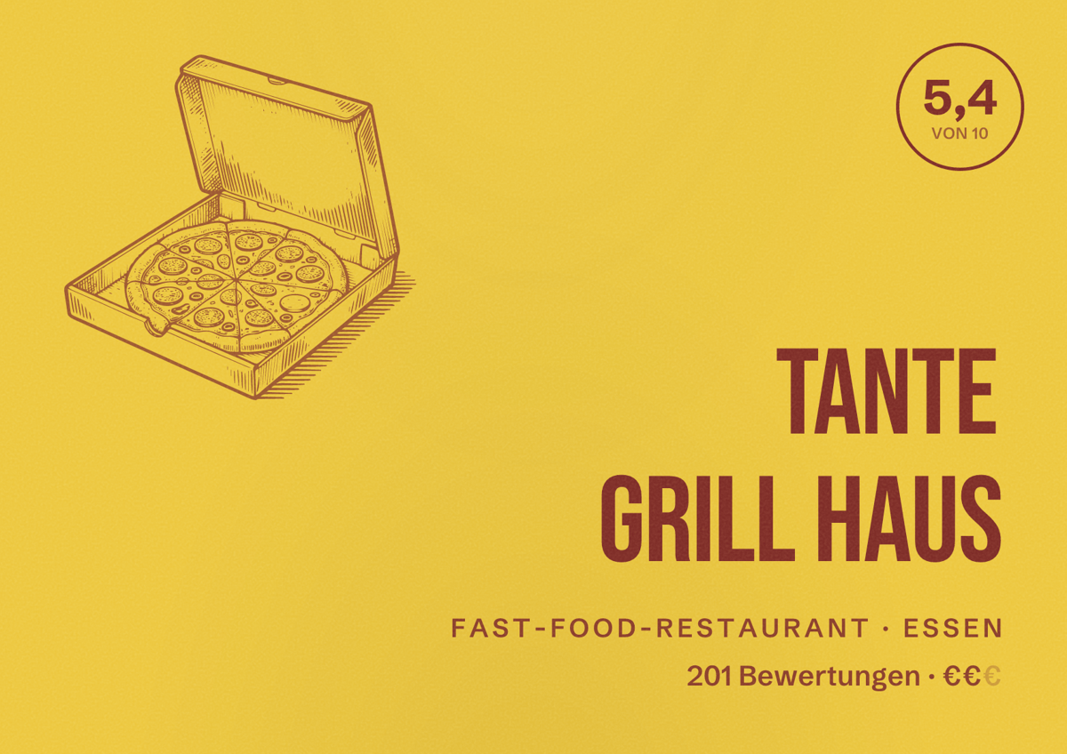 Illustriertes Poster von Tante Grill Haus, Fast-Food-Restaurant in Essen: Bewertung 5,4 von 10 aus 201 Bewertungen, Preisniveau €€