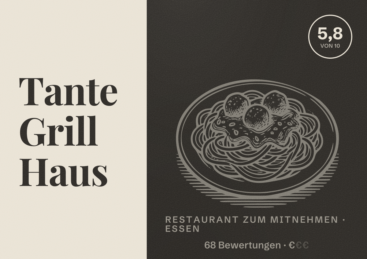 Illustriertes Poster von Tante Grill Haus, Restaurant zum Mitnehmen in Essen: Bewertung 5,8 von 10 aus 68 Bewertungen, Preisniveau €