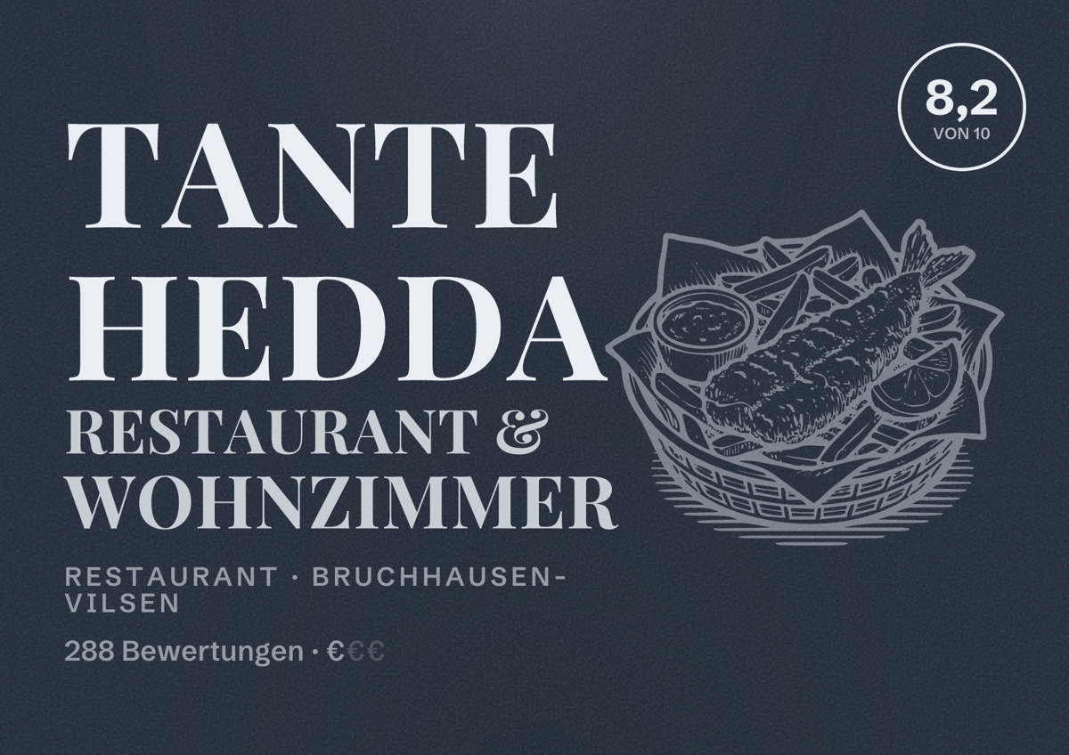 Illustriertes Poster von Tante Hedda Restaurant & Wohnzimmer, Restaurant in Bruchhausen-Vilsen: Bewertung 8,2 von 10 aus 288 Bewertungen, Preisniveau €