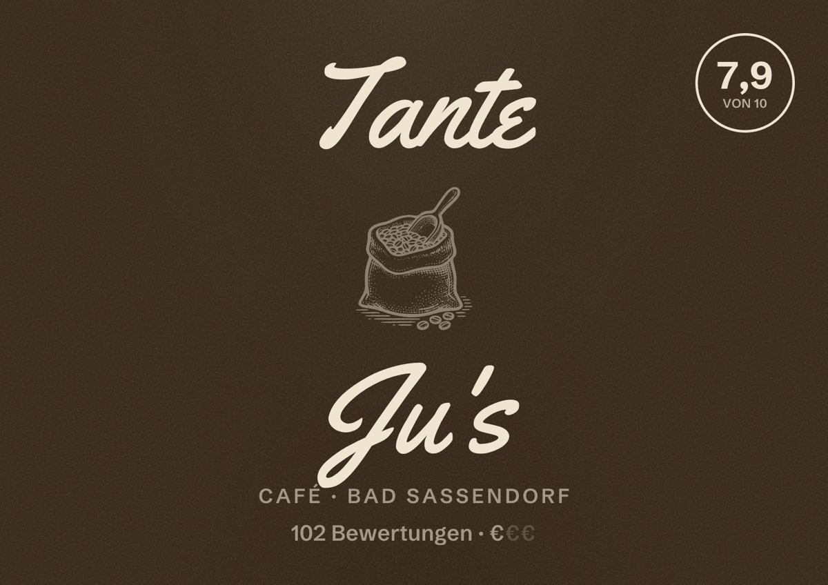 Illustriertes Poster von Tante Ju's, Café in Bad Sassendorf: Bewertung 7,9 von 10 aus 102 Bewertungen, Preisniveau €