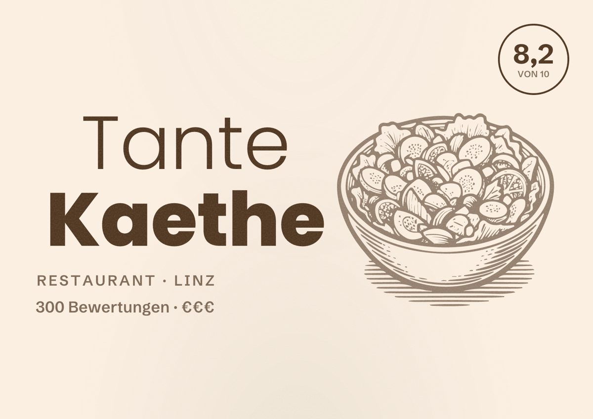 Illustriertes Poster von Tante Kaethe, Restaurant in Linz: Bewertung 8,2 von 10 aus 300 Bewertungen, Preisniveau €€€