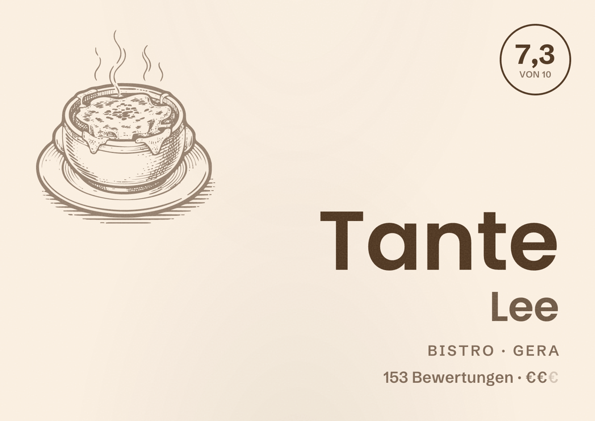 Illustriertes Poster von Tante Lee, Bistro in Gera: Bewertung 7,3 von 10 aus 153 Bewertungen, Preisniveau €€