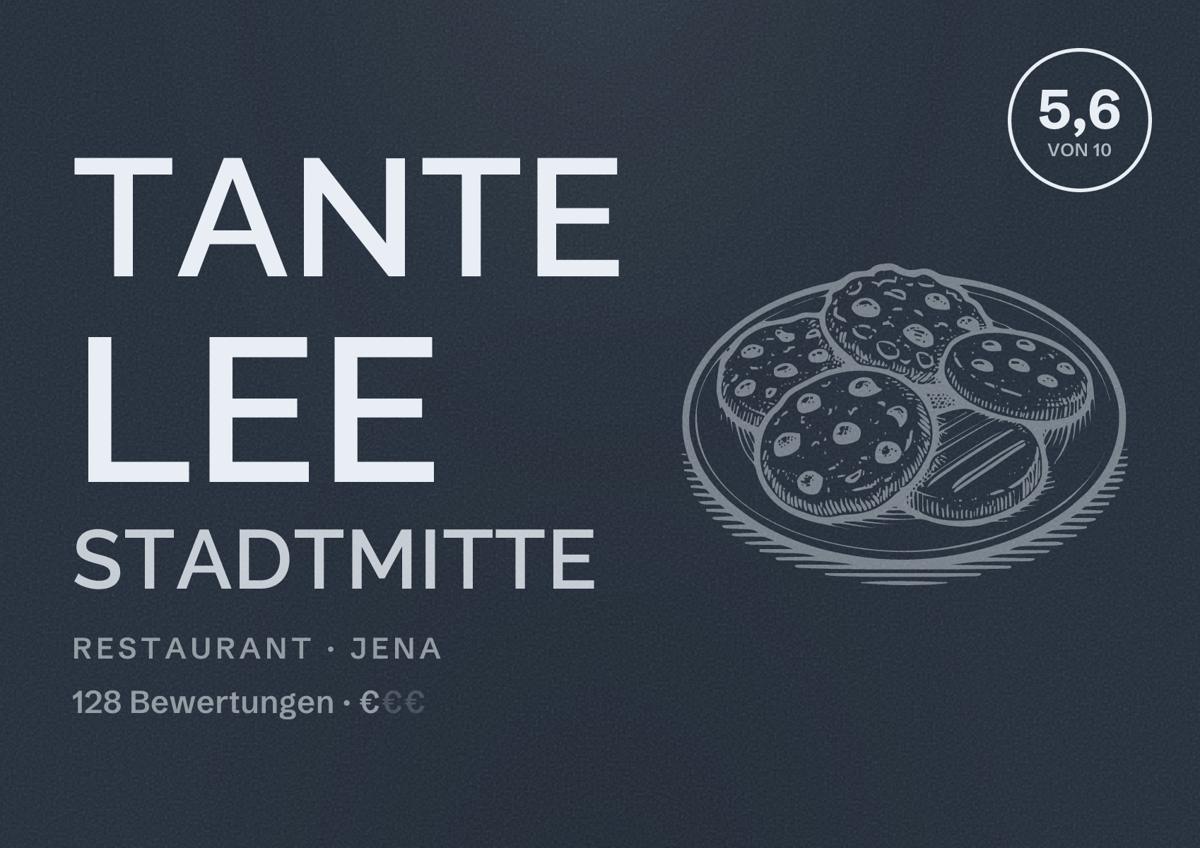 Illustriertes Poster von Tante Lee Stadtmitte, Restaurant in Jena: Bewertung 5,6 von 10 aus 128 Bewertungen, Preisniveau €