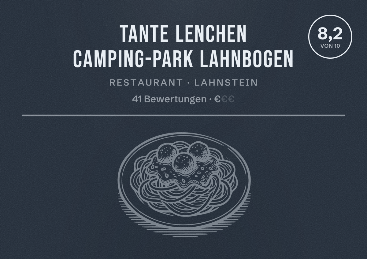 Illustriertes Poster von Tante Lenchen Camping-Park Lahnbogen, Restaurant in Lahnstein: Bewertung 8,2 von 10 aus 41 Bewertungen, Preisniveau €
