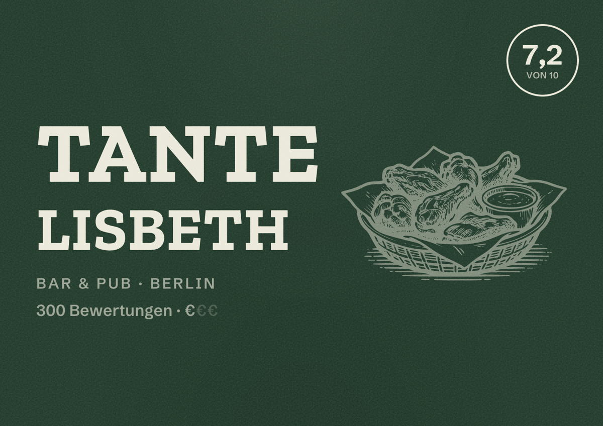 Illustriertes Poster von Tante Lisbeth, Bar & Pub in Berlin: Bewertung 7,2 von 10 aus 300 Bewertungen, Preisniveau €
