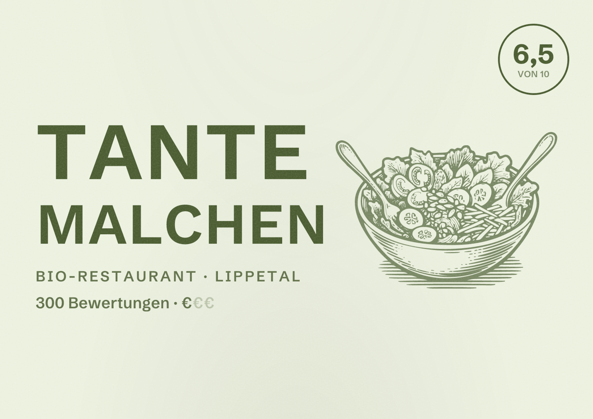 Illustriertes Poster von Tante Malchen, Bio-Restaurant in Lippetal: Bewertung 6,5 von 10 aus 300 Bewertungen, Preisniveau €