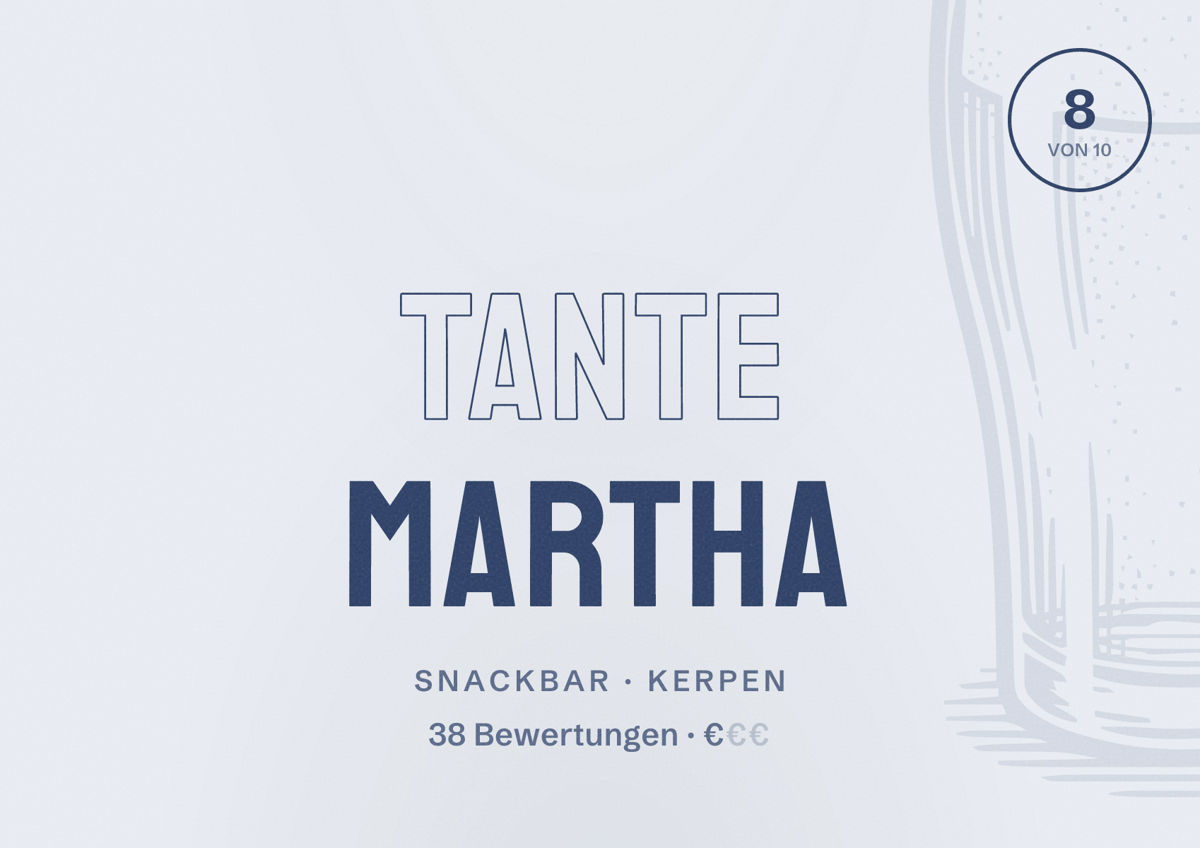 Illustriertes Poster von Tante Martha, Snackbar in Kerpen: Bewertung 8 von 10 aus 38 Bewertungen, Preisniveau €