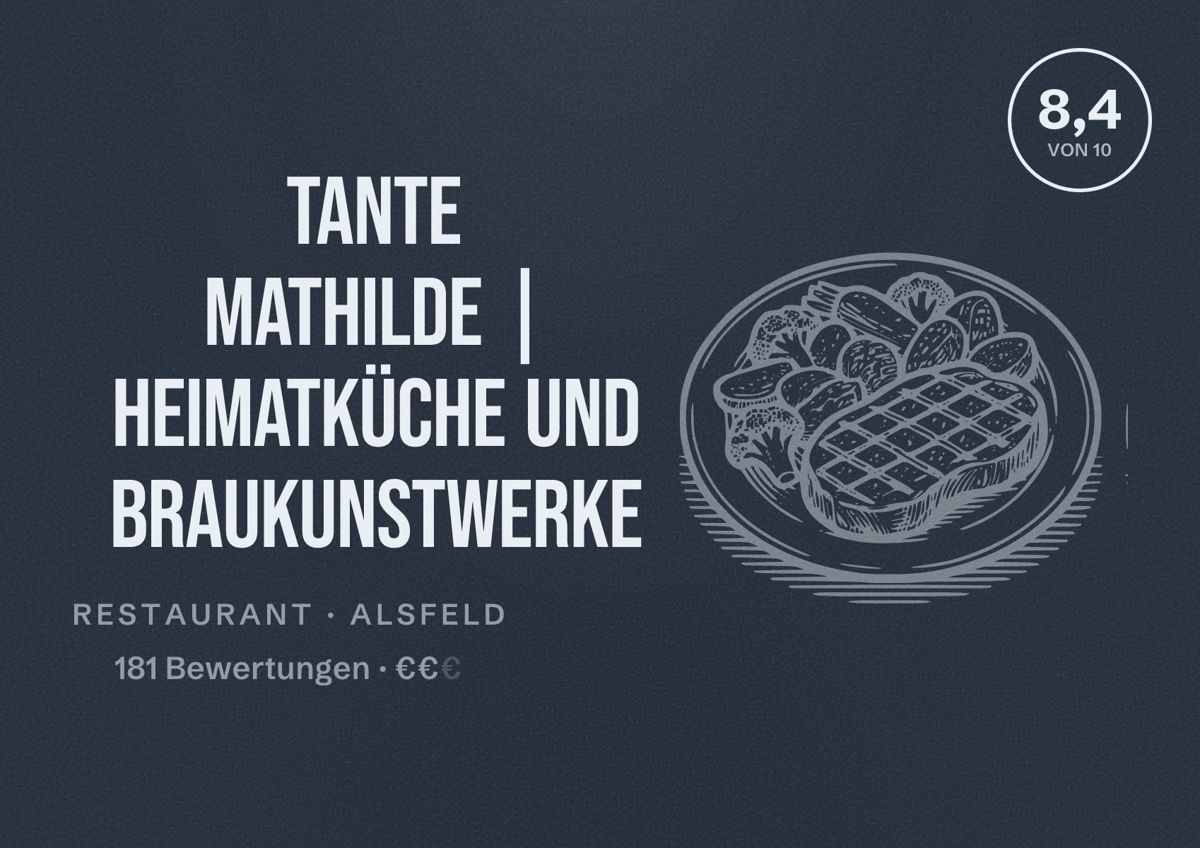 Illustriertes Poster von tante mathilde | heimatküche und braukunstwerke, Restaurant in Alsfeld: Bewertung 8,4 von 10 aus 181 Bewertungen, Preisniveau €€
