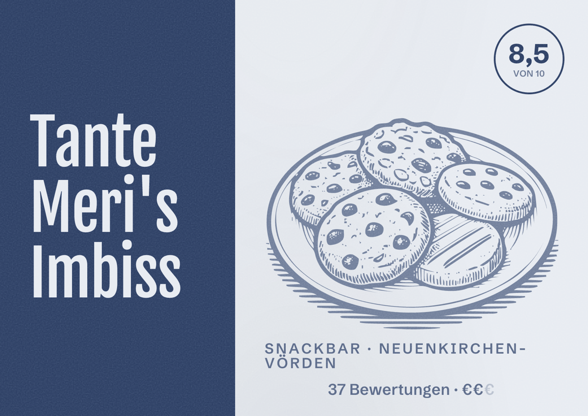 Illustriertes Poster von Tante Meri's Imbiss, Snackbar in Neuenkirchen-Vörden: Bewertung 8,5 von 10 aus 37 Bewertungen, Preisniveau €€