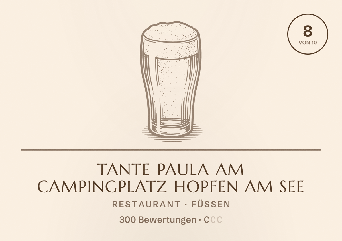Illustriertes Poster von Tante Paula am Campingplatz Hopfen am See, Restaurant in Füssen: Bewertung 8 von 10 aus 300 Bewertungen, Preisniveau €