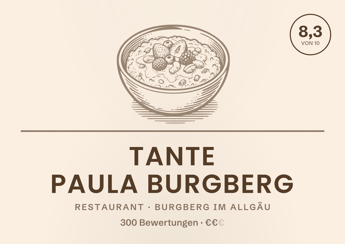 Illustriertes Poster von Tante Paula Burgberg, Restaurant in Burgberg im Allgäu: Bewertung 8,3 von 10 aus 300 Bewertungen, Preisniveau €€
