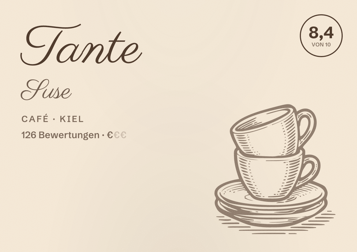 Illustriertes Poster von Tante Suse, Café in Kiel: Bewertung 8,4 von 10 aus 126 Bewertungen, Preisniveau €