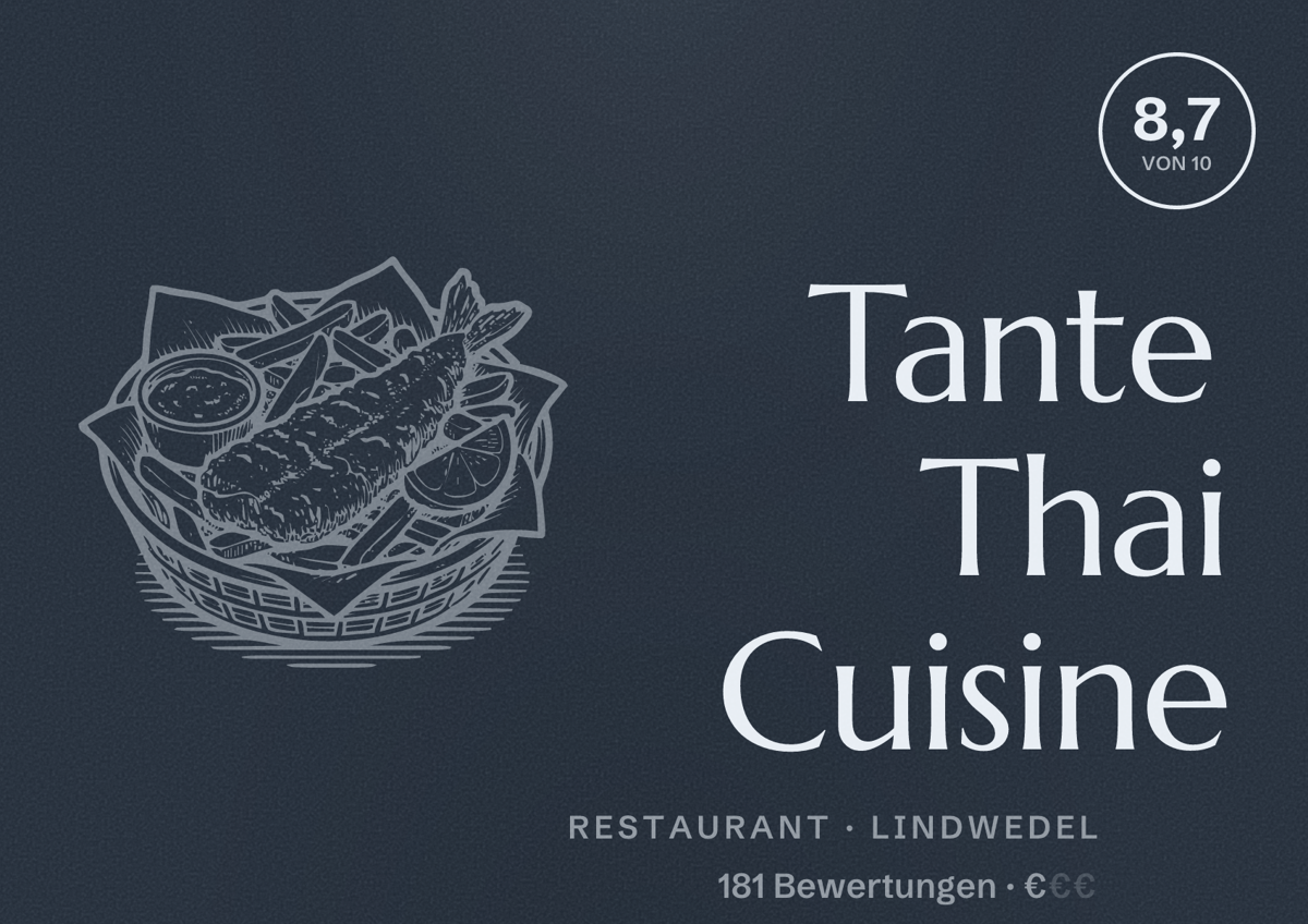 Illustriertes Poster von Tante Thai Cuisine, Restaurant in Lindwedel: Bewertung 8,7 von 10 aus 181 Bewertungen, Preisniveau €