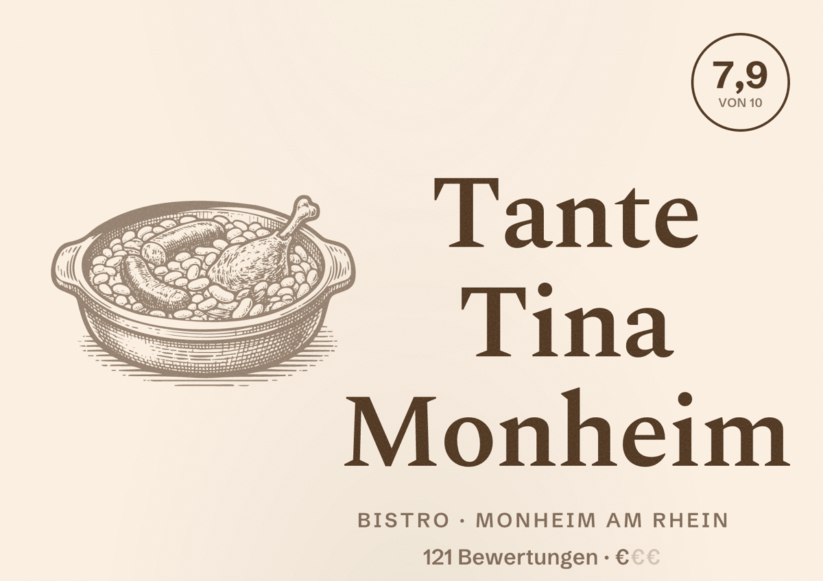 Illustriertes Poster von Tante Tina Monheim, Bistro in Monheim am Rhein: Bewertung 7,9 von 10 aus 121 Bewertungen, Preisniveau €