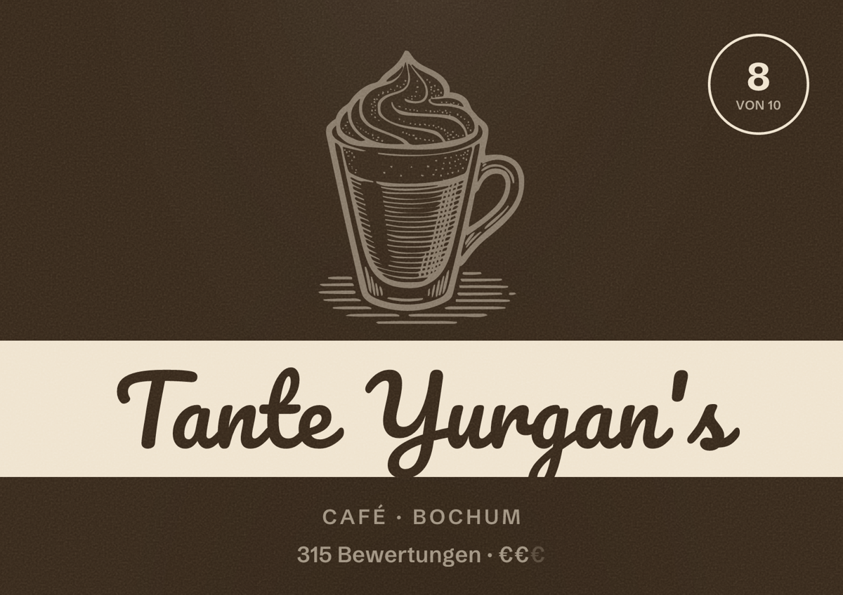 Illustriertes Poster von Tante Yurgan's, Café in Bochum: Bewertung 8 von 10 aus 315 Bewertungen, Preisniveau €€