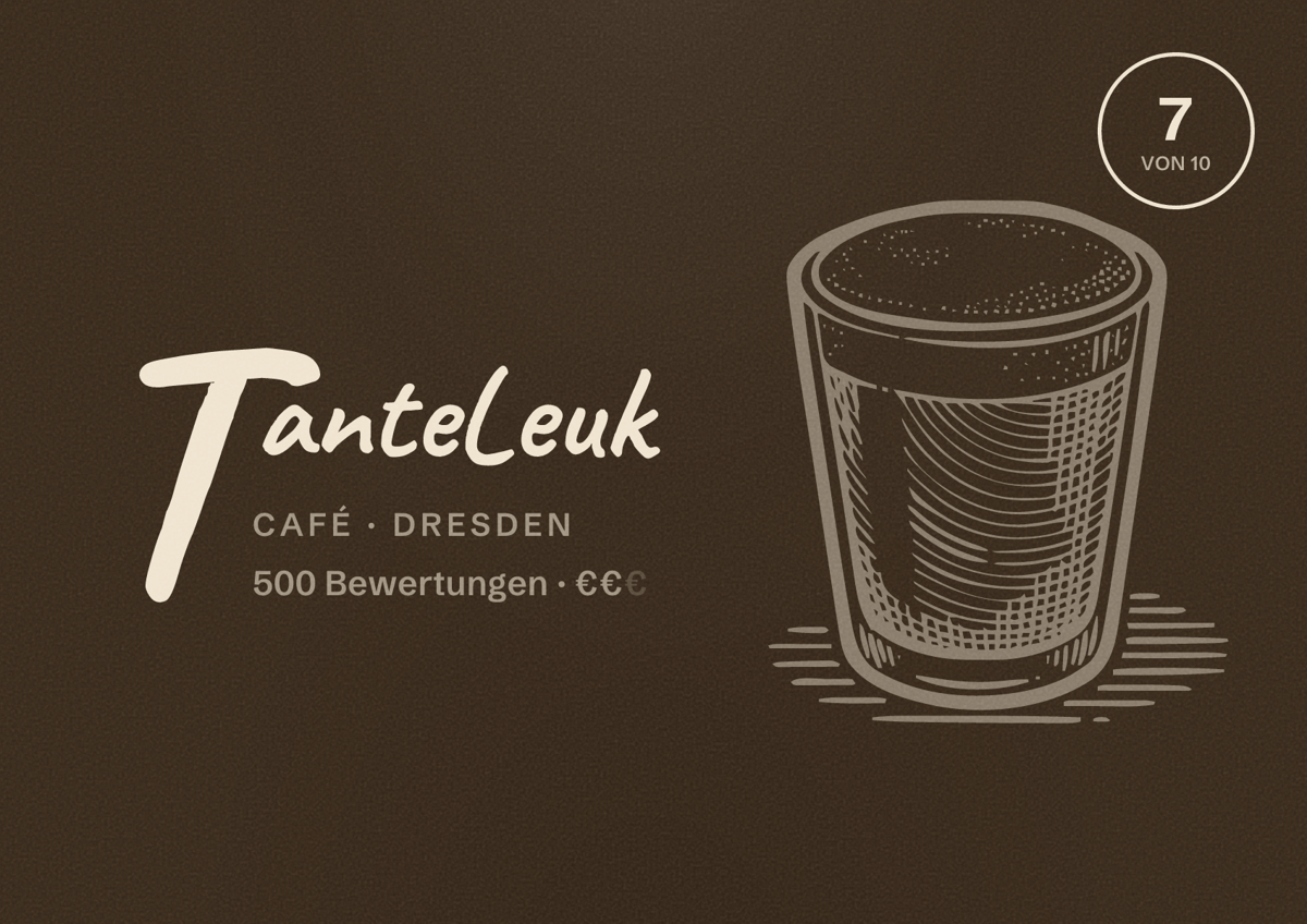 Illustriertes Poster von TanteLeuk, Café in Dresden: Bewertung 7 von 10 aus 500 Bewertungen, Preisniveau €€