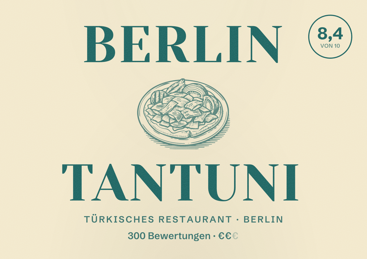 Illustriertes Poster von Berlin Tantuni, Türkisches Restaurant in Berlin: Bewertung 8,4 von 10 aus 300 Bewertungen, Preisniveau €€