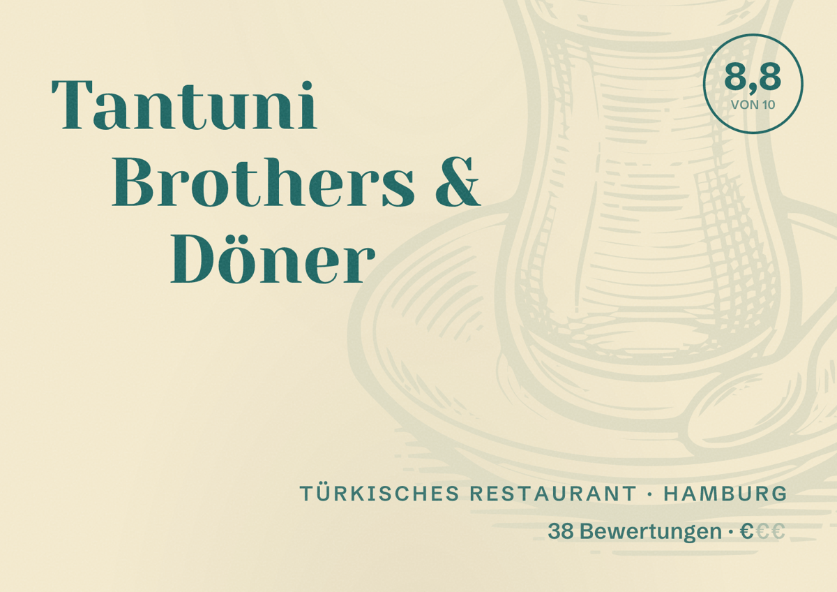 Illustriertes Poster von Tantuni Brothers & Döner, Türkisches Restaurant in Hamburg: Bewertung 8,8 von 10 aus 38 Bewertungen, Preisniveau €
